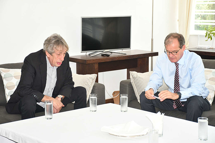 German Ambassador to Tanzania, Ambassador Thomas Terstegen with Mr. KarlPeter Schoenfisch sharing a light moment in Dar es Salaam. 