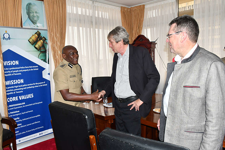Mr. KarlPeter Schoenfisch, farewell meeting with the Chief of Police Force and Inspectors General of Police Mr. Camillus Wambura, on the side is Mr. Klaus Liepert-Head of Africa Deparment of Hanns Seidel Foundation. 